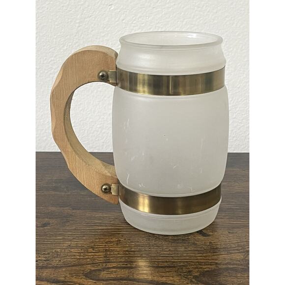 5 Vintage SIESTA WARE Barrel Shaped Frosted Glass Mugs Wood Handles MCM - Picture 5 of 10